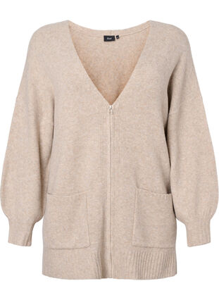 Zizzifashion Knitted cardigan with zipper and pockets, Simply Taupe Mel., Packshot image number 0