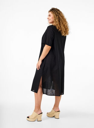 Zizzifashion Cotton blend kaftan dress with linen, Black, Model image number 1