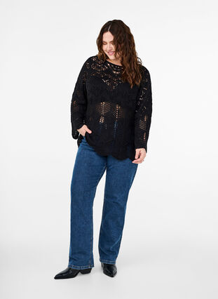 Zizzifashion Knitted blouse with lace pattern, Black, Model image number 2