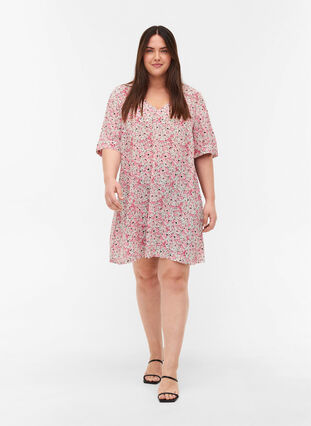 Zizzifashion Viscose tunic with print and short sleeves, Pink Ditsy AOP, Model image number 2