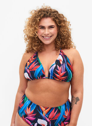 Zizzifashion Triangle bikini bra with print, Bright Leaf, Model image number 0