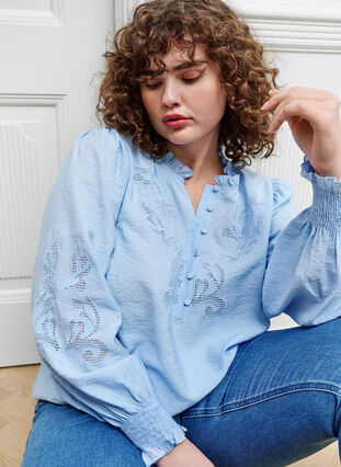 Zizzifashion Blouse with ruffles and broderie anglaise, Chambray Blue, Image image number 0
