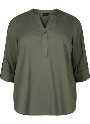 Zizzifashion Shirt blouse in cotton with a v-neck, Thyme, Packshot image number 0