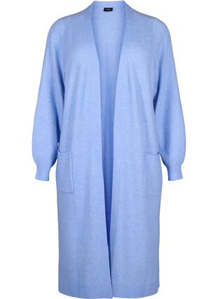 Zizzifashion Long knitted cardigan with pockets, Cornflower Blue Mel., Packshot image number 0