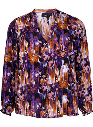 Zizzifashion Long-sleeved viscose blouse with print, Pansy AOP, Packshot image number 0