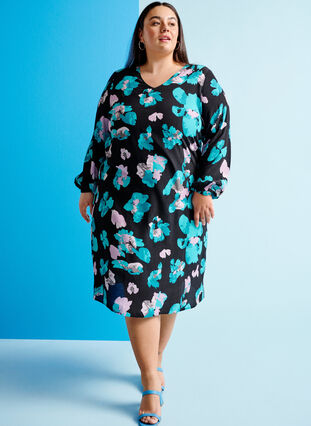 Zizzifashion Long-sleeved viscose dress with print, Blue AOP, Image image number 0