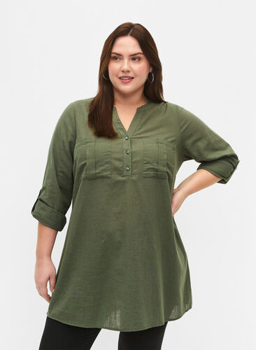 Zizzifashion Tunic in cotton with 3/4 sleeves, Thyme, Model image number 0