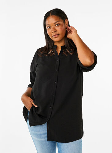 Zizzifashion Long viscose shirt with lace detail, Black, Model image number 0