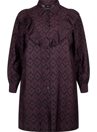 Zizzifashion Long viscose shirt with print and frills, Winetasting w. Black, Packshot image number 0