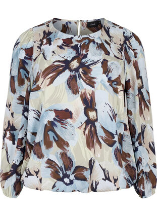 Zizzifashion Long-sleeved blouse with print and button, Grey Flower AOP, Packshot image number 0