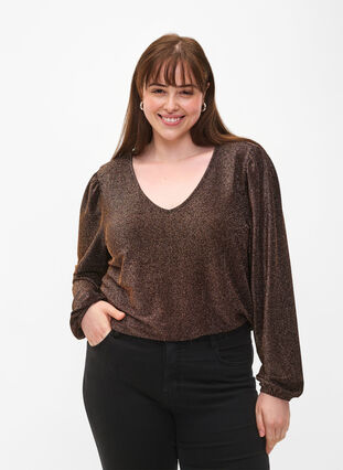 Zizzifashion Glitter blouse with puff sleeves, Black Copper, Model image number 0