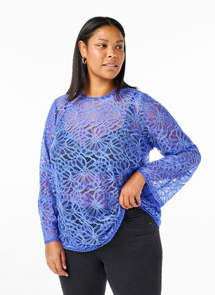 Zizzifashion Lace blouse with round neck and long sleeves, Dazzling Blue, Model image number 0