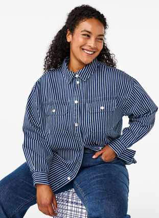 Zizzifashion Striped denim shirt with chest pockets, Blue Denim Stripe, Image image number 0