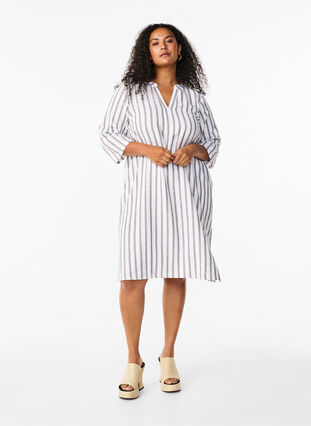 Zizzifashion Striped tunic dress in linen-viscose mix, White Stripe, Model image number 2