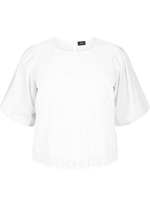 Zizzifashion Blouse with puffed sleeves and lace pattern, Bright White, Packshot image number 0