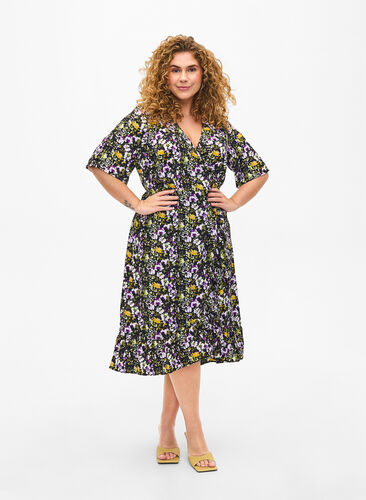 Zizzifashion Printed wrap dress with short sleeves , Black S. Flower AOP, Model image number 0