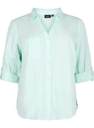 Zizzifashion Shirt blouse with button closure in cotton-linen blend, Brook Green, Packshot image number 0