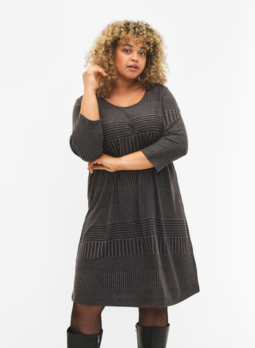 Zizzifashion Dress with 3/4 sleeves and striped pattern, Dark Grey Mélange, Model image number 0