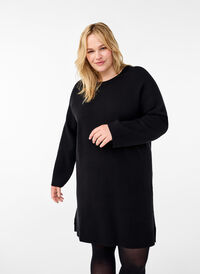 Knitted dress with a round neck and slit, Black Solid, Model