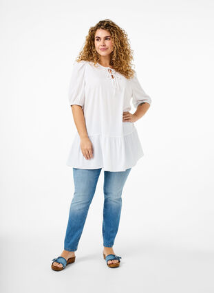 Zizzifashion Tunic in viscose with ties, Bright White, Model image number 2