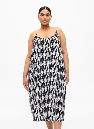 Zizzifashion Viscose strap dress with print, Black Swirl AOP, Model image number 0