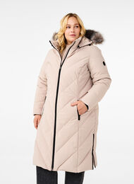 Long winter coat with hook fastenings and a faux fur collar, Simply Taupe, Model