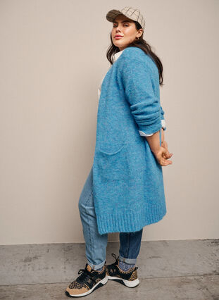 Zizzifashion Long knitted cardigan with wool and pockets, French Blue, Image image number 0
