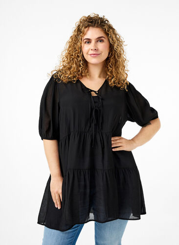 Zizzifashion A-line viscose tunic with lace-up detail, Black, Model image number 0