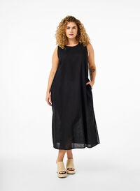 Sleeveless cotton blend dress with linen, Black, Model