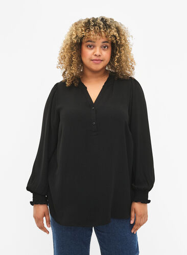 Smocked blouse with a v-neckline, Black, Model image number 0