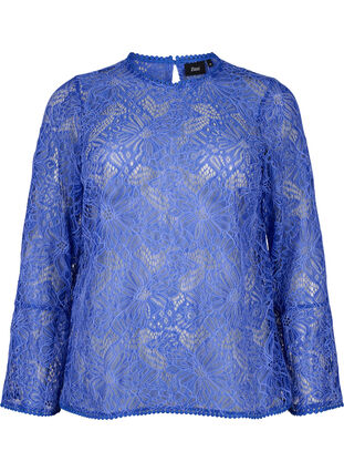 Zizzifashion Lace blouse with round neck and long sleeves, Dazzling Blue, Packshot image number 0