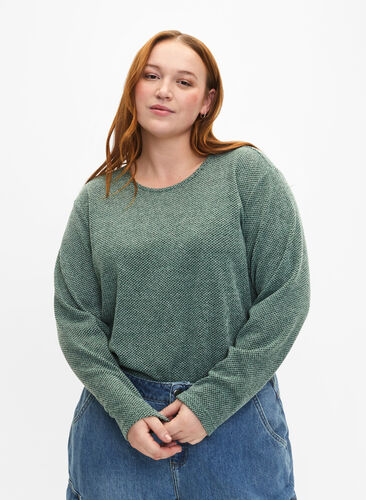 Zizzifashion Melange blouse with round neck and long sleeves, Green Bay, Model image number 0