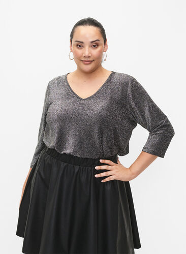 Zizzifashion Glitter blouse with 3/4 sleeves, Black Silver , Model image number 0