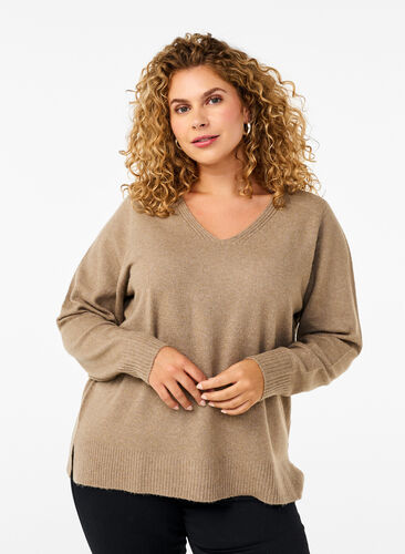 Zizzifashion Knitted blouse with V-neck, Desert Taupe Melange, Model image number 0