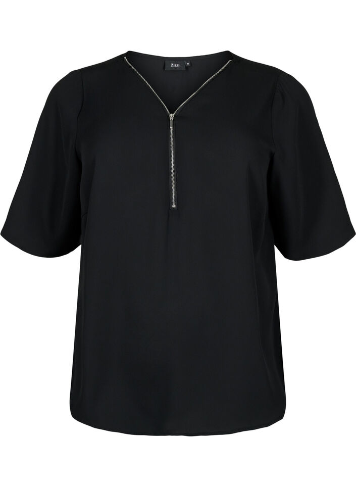 42-60 zipper Black with - - blouse Zizzifashion Sz. - V-neck