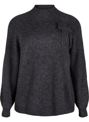 Zizzifashion Knitted blouse with bow detail, Dark Grey White Mel., Packshot image number 0