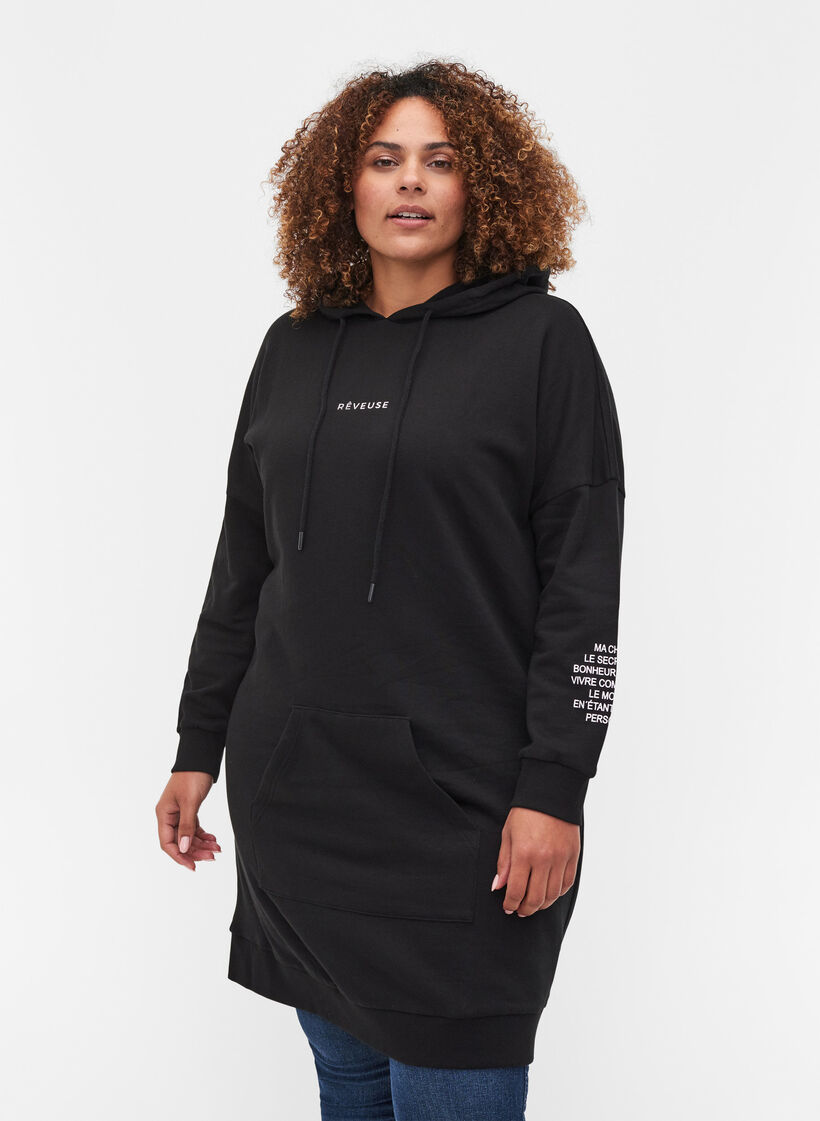 hoodie - Sz. 42-60 sweatshirt text dress - with Zizzifashion - print Cotton Black