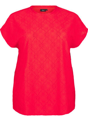 Zizzifashion Blouse with short sleeves and floral embroidery, Flame Scarlet, Packshot image number 0