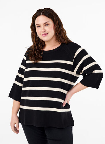 Zizzifashion 3/4 sleeve knitted blouse with stripes, Black Birch Stripes, Model image number 0