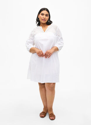 Zizzifashion Dress in a cotton blend with linen and crochet detail, Bright White, Model image number 2