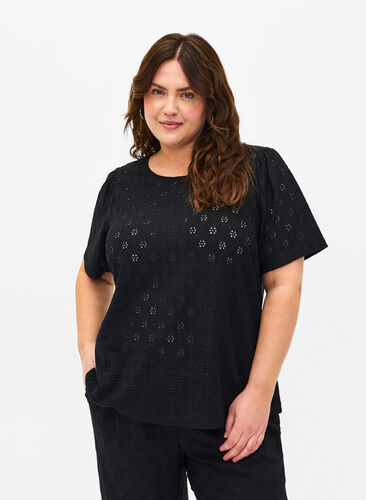 Zizzifashion Short-sleeved blouse with hole pattern, Black, Model image number 0