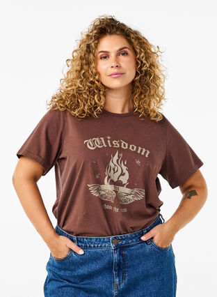 Zizzifashion Organic cotton T-shirt with print, Brown Wash W. Wisdom, Model image number 0