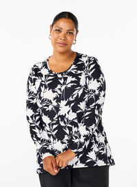 Floral blouse with long sleeves, Night Sky Flower AOP, Model