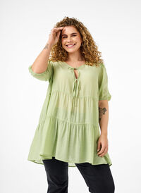 A-line viscose tunic with lace-up detail, Foam Green, Model