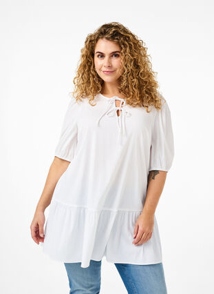 Zizzifashion Tunic in viscose with ties, Bright White, Model image number 0