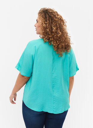 Zizzifashion Short-sleeved viscose blouse with v-neck, Turquoise, Model image number 1