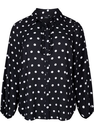 Zizzifashion Dotted shirt with ruffles, Black W. White Dot, Packshot image number 0