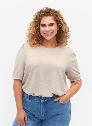 Zizzifashion Blouse with short puff sleeves, Natural Mél, Model image number 0