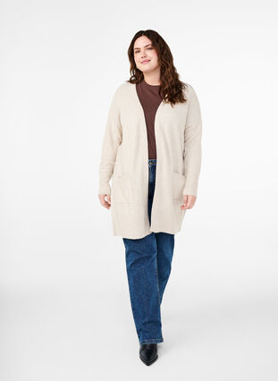 Zizzifashion Ribbed Knit Cardigan with Pockets, Pumice Stone Mel., Model image number 2