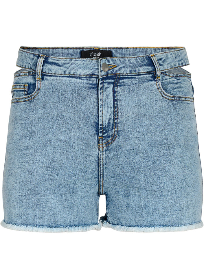 Women's Thong Style Short Denim Shorts - Belt Loops / Front Zipper / Blue